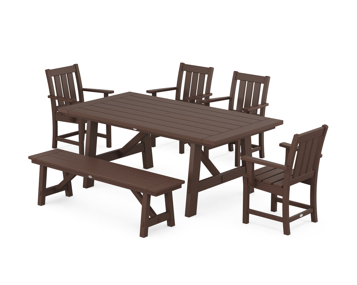 POLYWOOD Oxford 6-Piece Rustic Farmhouse Dining Set with Bench in Mahogany