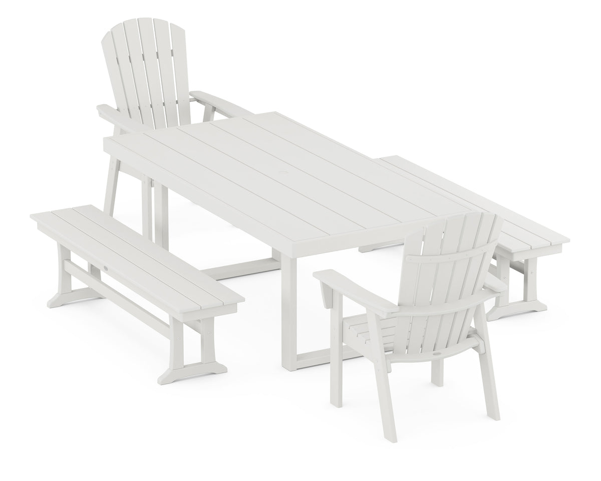 POLYWOOD Nautical Curveback Adirondack 5-Piece Dining Set with Benches - 39" x 78" Table in Vintage White