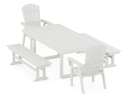 POLYWOOD Nautical Curveback Adirondack 5-Piece Dining Set with Benches - 39" x 78" Table in Vintage White