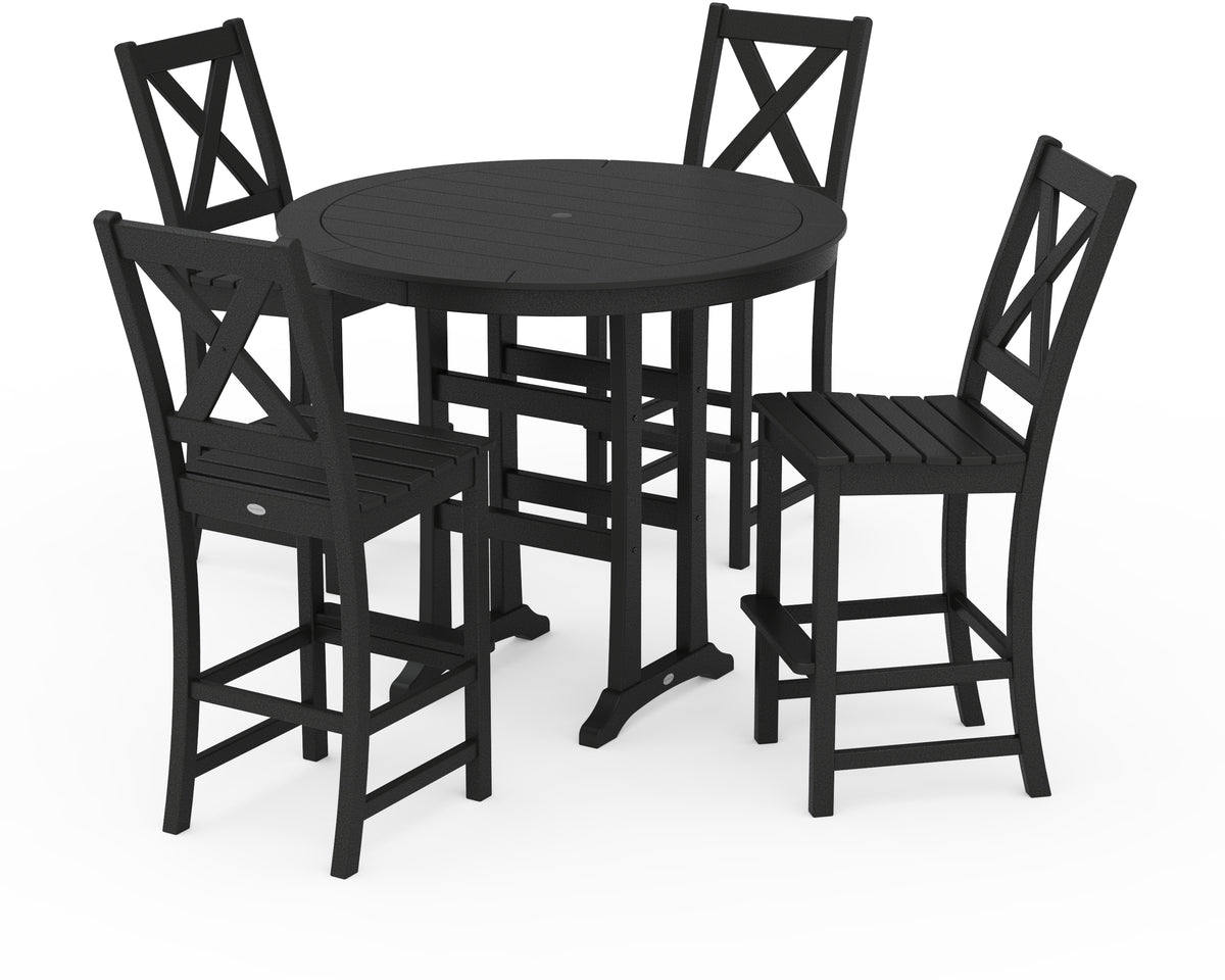 POLYWOOD Braxton 5-Piece Nautical Trestle Arm Chair Bar Set in Black