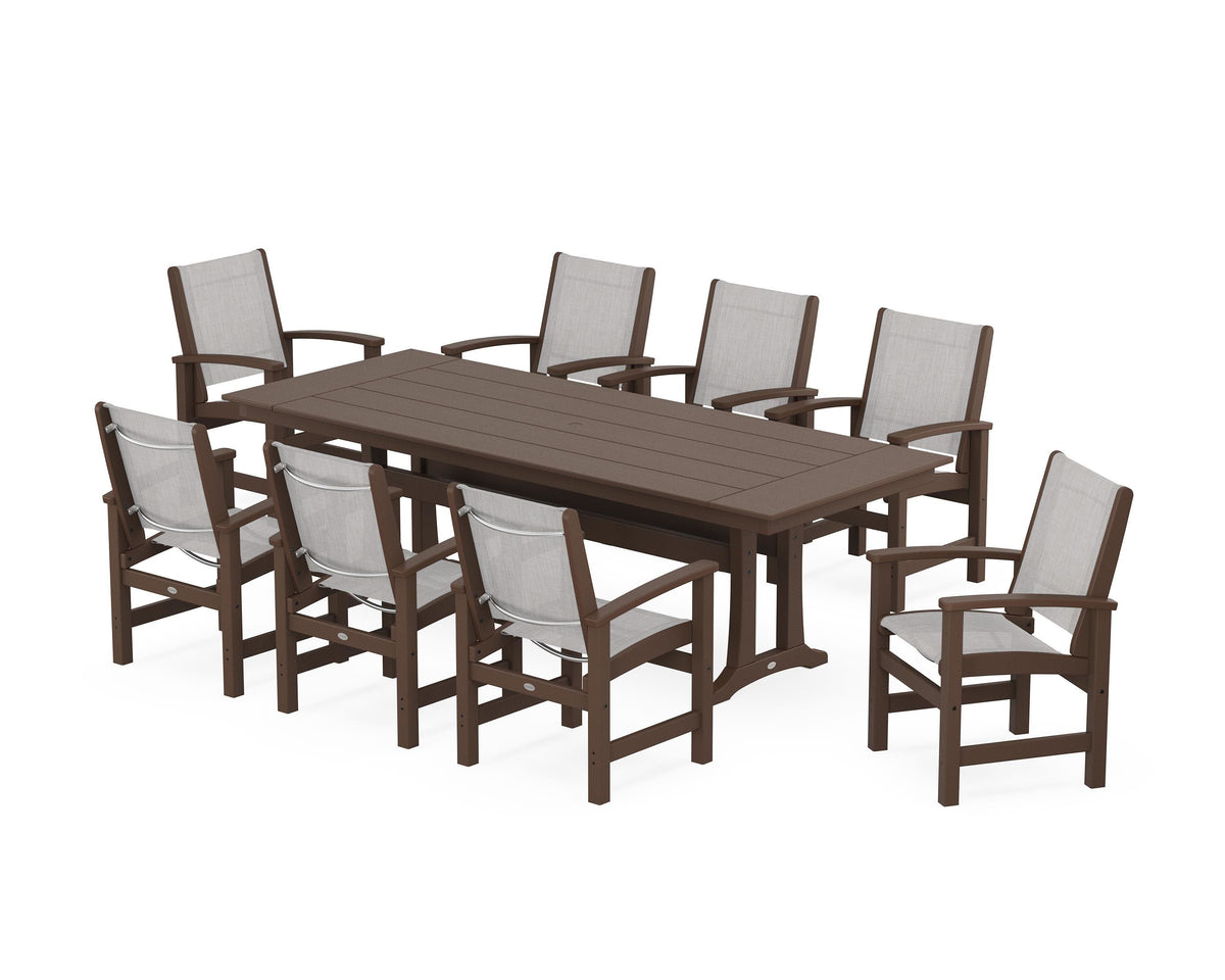 POLYWOOD Coastal 9-Piece Farmhouse Dining Set with Trestle Legs in Mahogany / Parchment