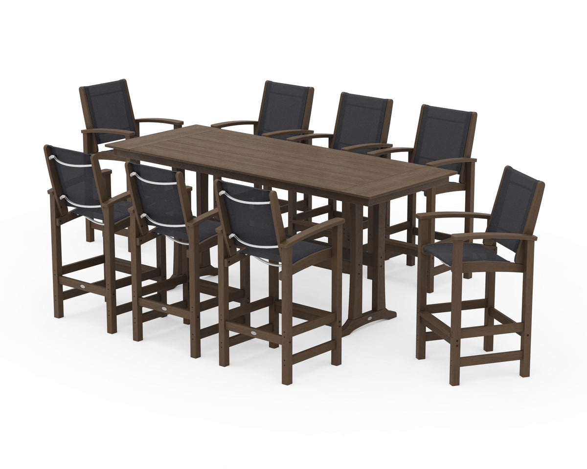 POLYWOOD Coastal 9-Piece Farmhouse Bar Set with Trestle Legs in Kona / Black