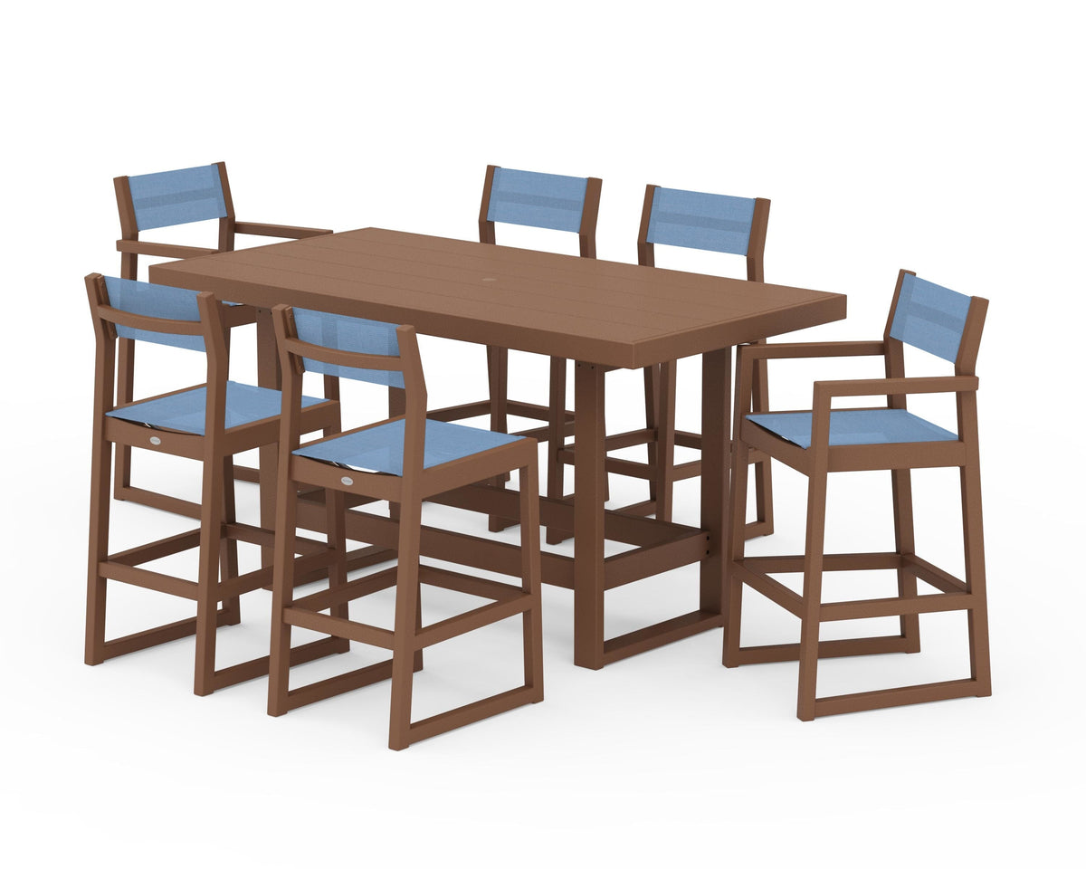 POLYWOOD EDGE Sling 7-Piece Bar Table Set in Teak / Poolside