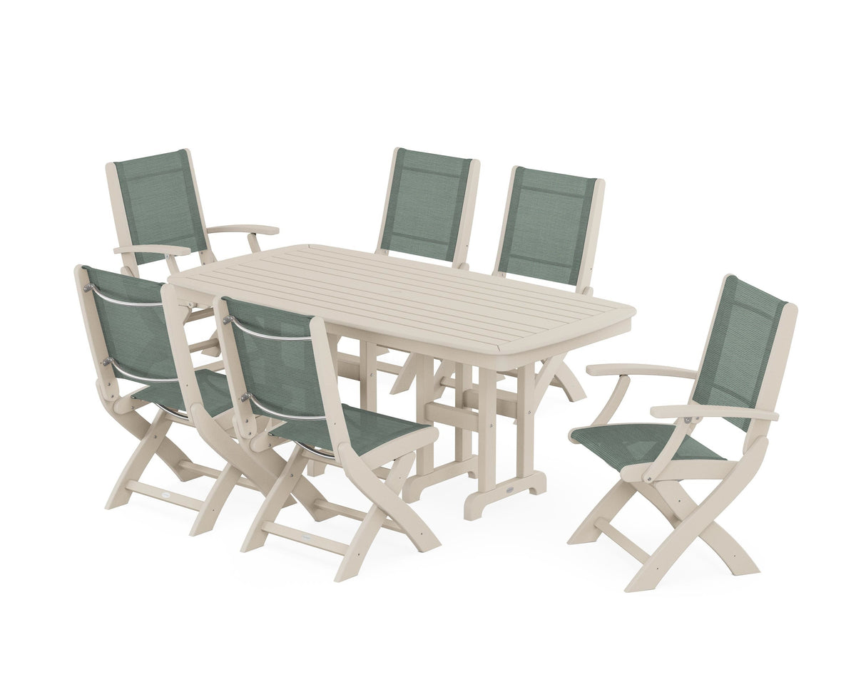 POLYWOOD Coastal Folding Chair 7-Piece Dining Set in Sand / Dupioni Sea Mist