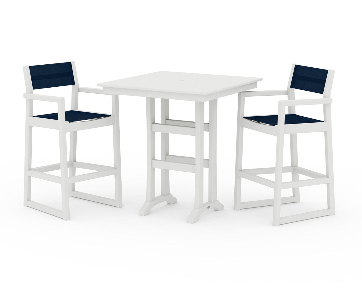 POLYWOOD EDGE Sling Arm Chair 3-Piece Farmhouse Bar Set with Trestle Legs in Vintage White / Navy Blue