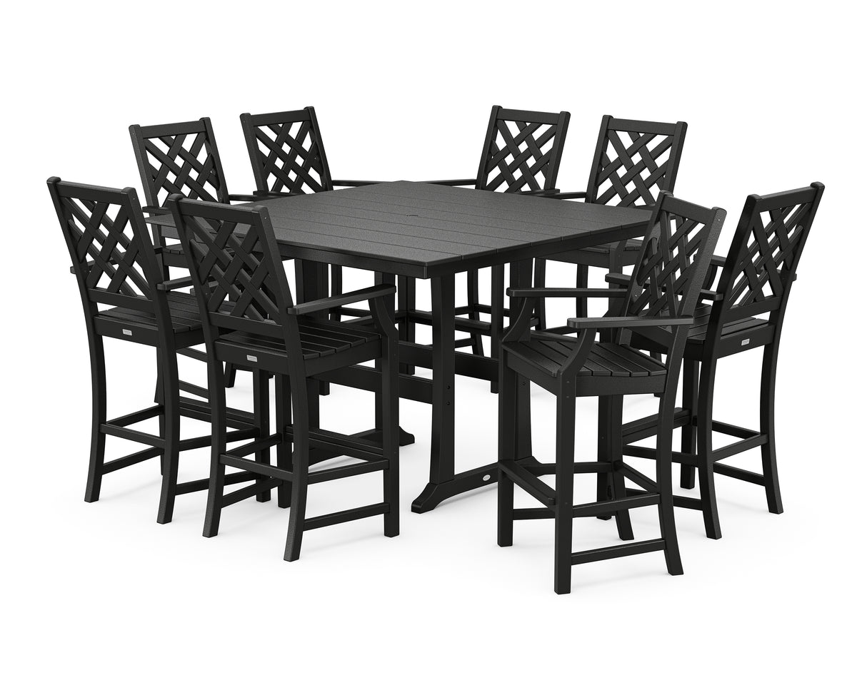 POLYWOOD Country Living Wovendale 9-Piece Square Farmhouse Bar Set with Trestle Legs in Black