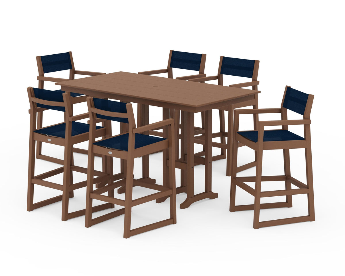 POLYWOOD EDGE Sling Arm Chair 7-Piece Farmhouse Bar Set in Teak / Navy Blue