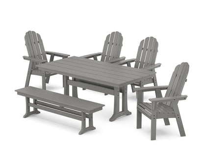 POLYWOOD Vineyard Curveback Adirondack Chair 6-Piece Farmhouse Dining Set with Trestle Legs and Bench in Slate Grey
