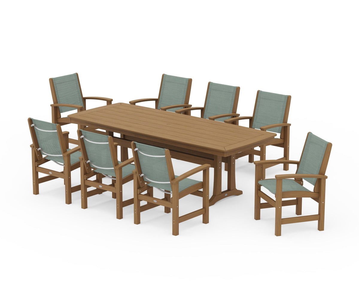POLYWOOD Coastal 9-Piece Dining Set with Trestle Legs in Natural / Dupioni Sea Mist