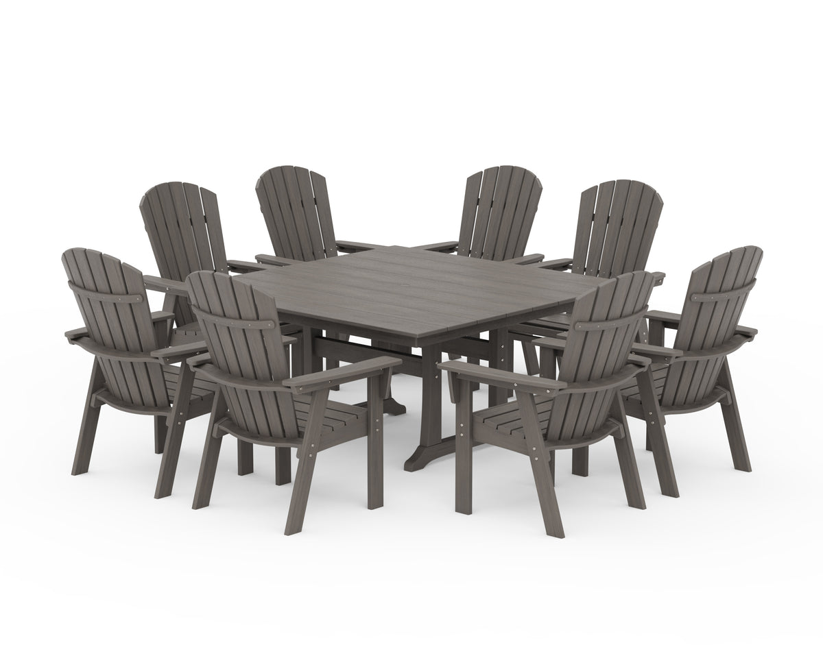 POLYWOOD Nautical Curveback Adirondack 9-Piece Square Dining Set with Trestle Legs in Driftwood