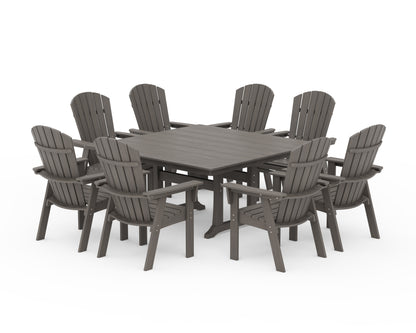 POLYWOOD Nautical Curveback Adirondack 9-Piece Square Dining Set with Trestle Legs in Driftwood