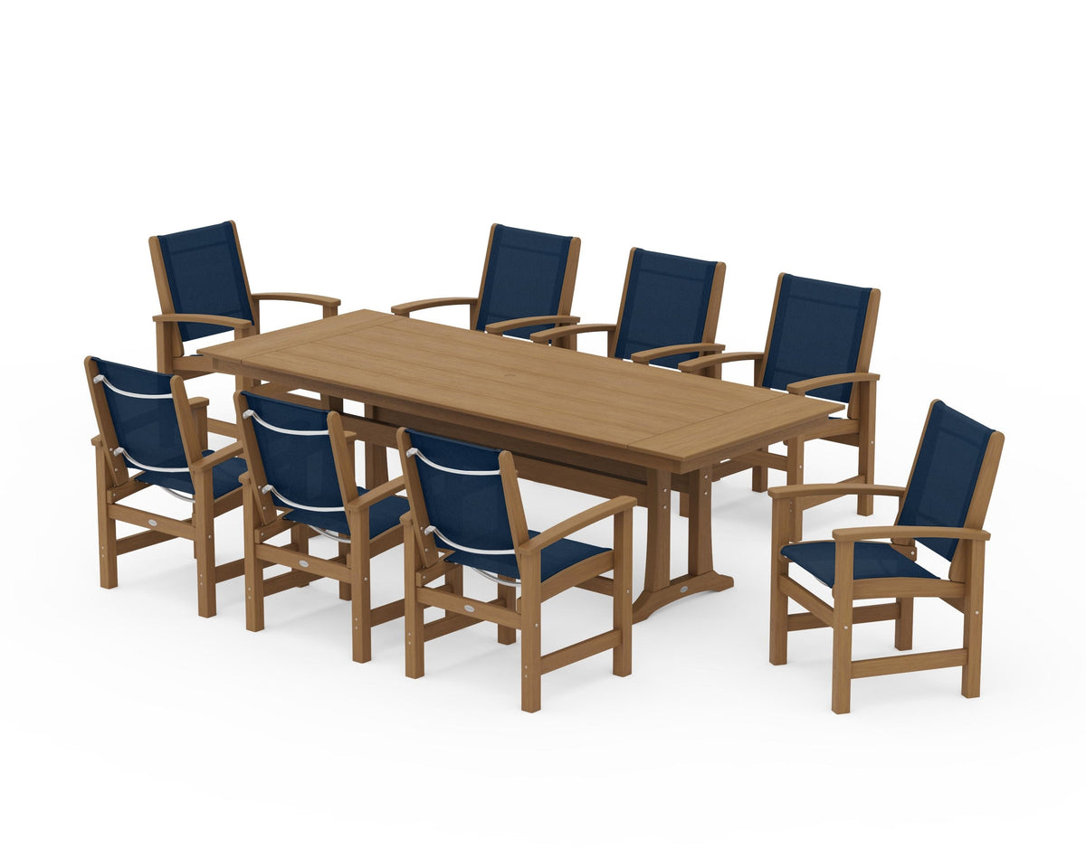 POLYWOOD Coastal 9-Piece Farmhouse Dining Set with Trestle Legs in Natural / Navy Blue