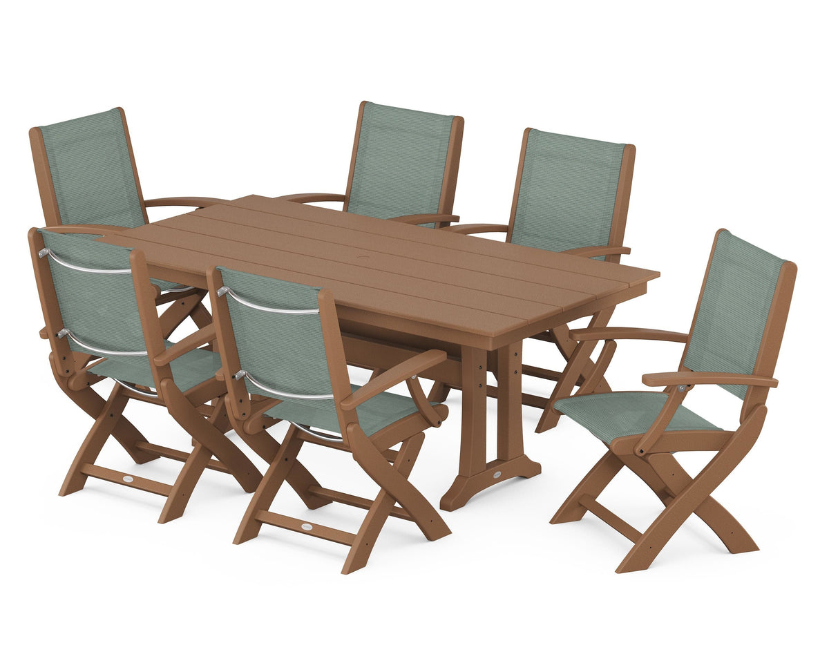 POLYWOOD Coastal Folding Arm Chair 7-Piece Farmhouse Dining Set with Trestle Legs in Teak / Dupioni Sea Mist