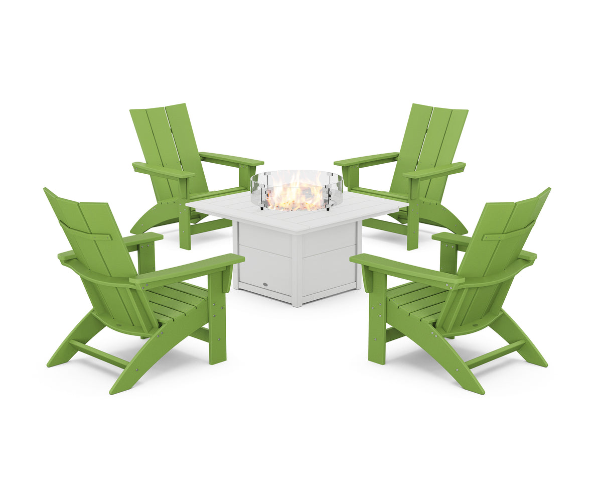 POLYWOOD 5-Piece Modern Grand Adirondack Conversation Set with Fire Pit Table in Lime / White