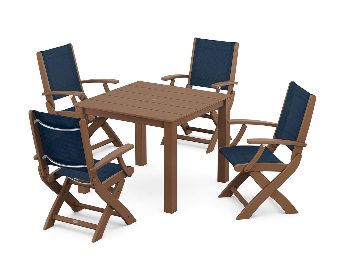 POLYWOOD Coastal Folding Chair 5-Piece Parsons Dining Set in Teak / Navy Blue