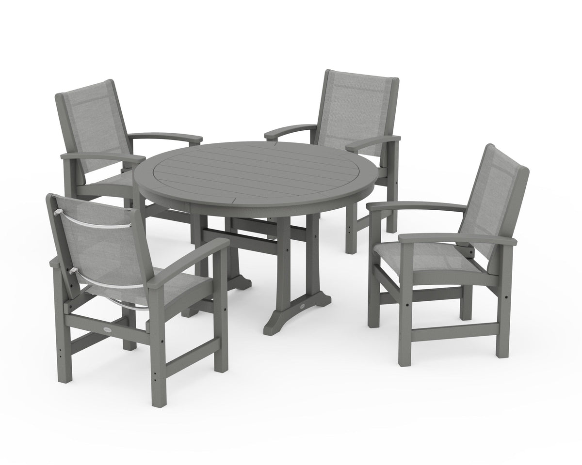 POLYWOOD Coastal 5-Piece Round Dining Set with Trestle Legs in Slate Grey / Metallic