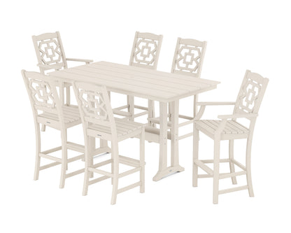 POLYWOOD Chinoiserie 7-Piece Farmhouse Bar Set with Trestle Legs in Sand