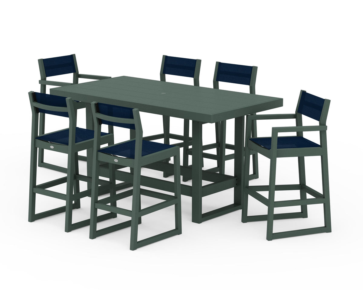 POLYWOOD EDGE Sling 7-Piece Bar Table Set in Green / Navy Blue