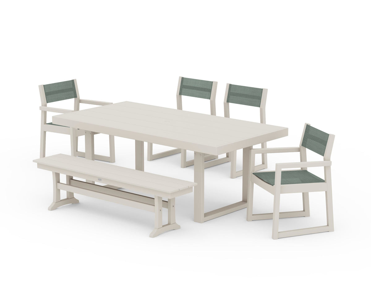 POLYWOOD EDGE Sling 6-Piece Dining Set with Bench in Sand / Dupioni Sea Mist