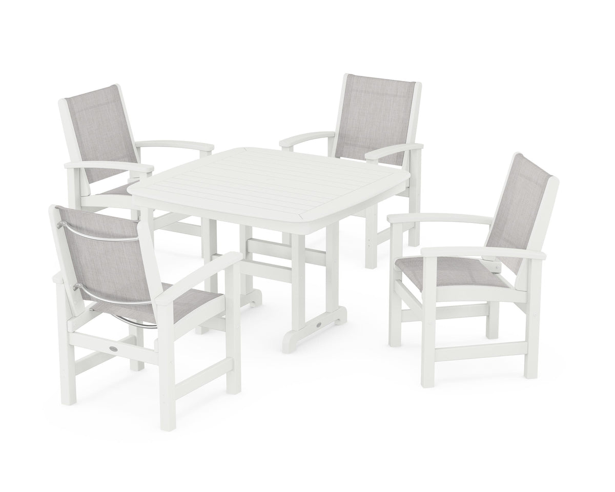 POLYWOOD Coastal 5-Piece Dining Set with Nautical 44" Dining Table in Vintage White / Parchment