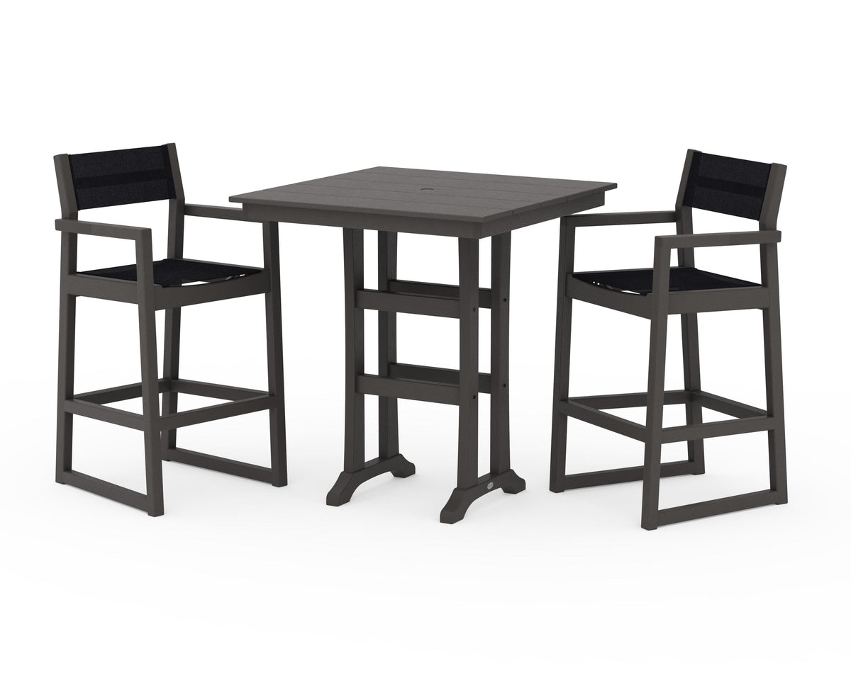 POLYWOOD EDGE Sling Arm Chair 3-Piece Farmhouse Bar Set with Trestle Legs in Vintage Coffee / Black