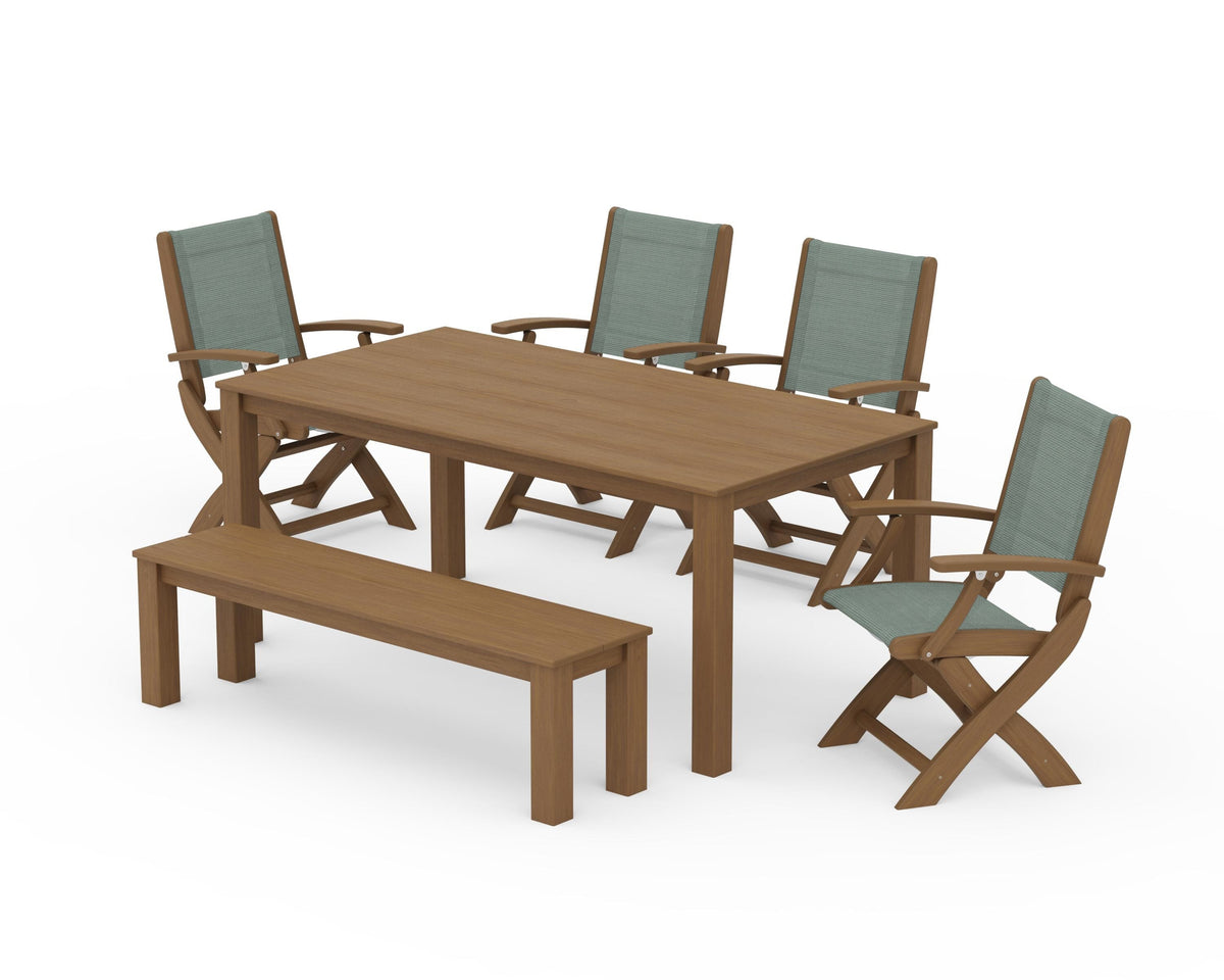 POLYWOOD Coastal Folding Chair 6-Piece Parsons Dining Set with Bench in Natural / Dupioni Sea Mist