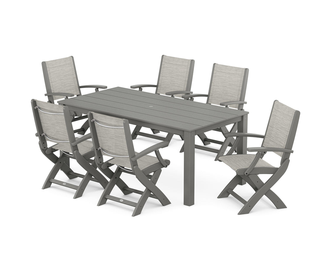POLYWOOD Coastal Folding Chair 7-Piece Parsons Dining Set in Slate Grey / Birch