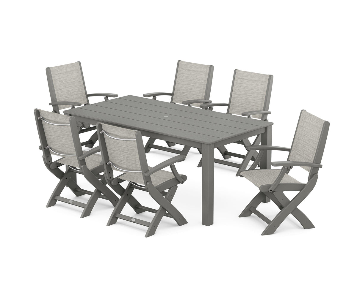 POLYWOOD Coastal Folding Chair 7-Piece Parsons Dining Set in Slate Grey / Birch
