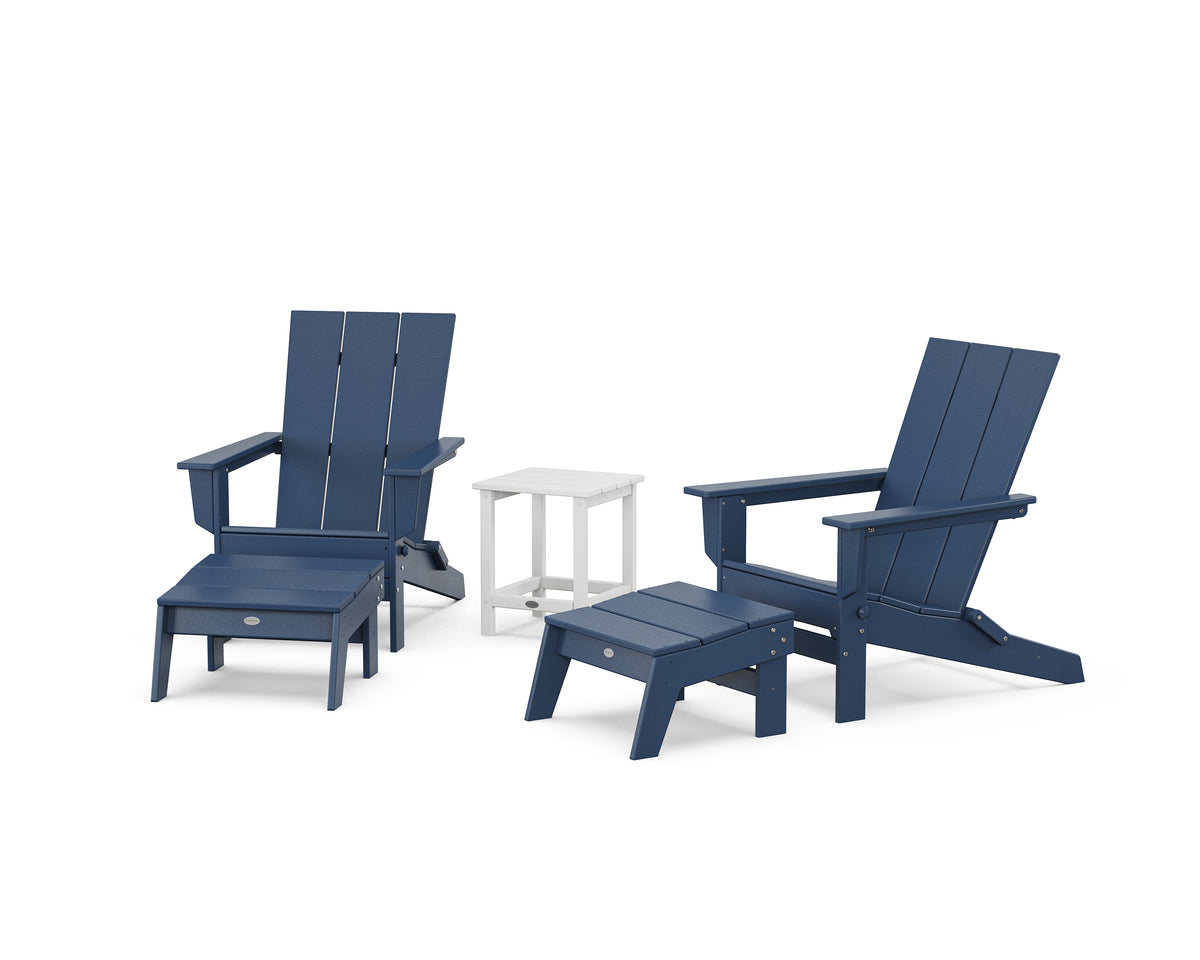 POLYWOOD 5-Piece Modern Studio Folding Adirondack Set with Ottomans and Side Table in Navy / White