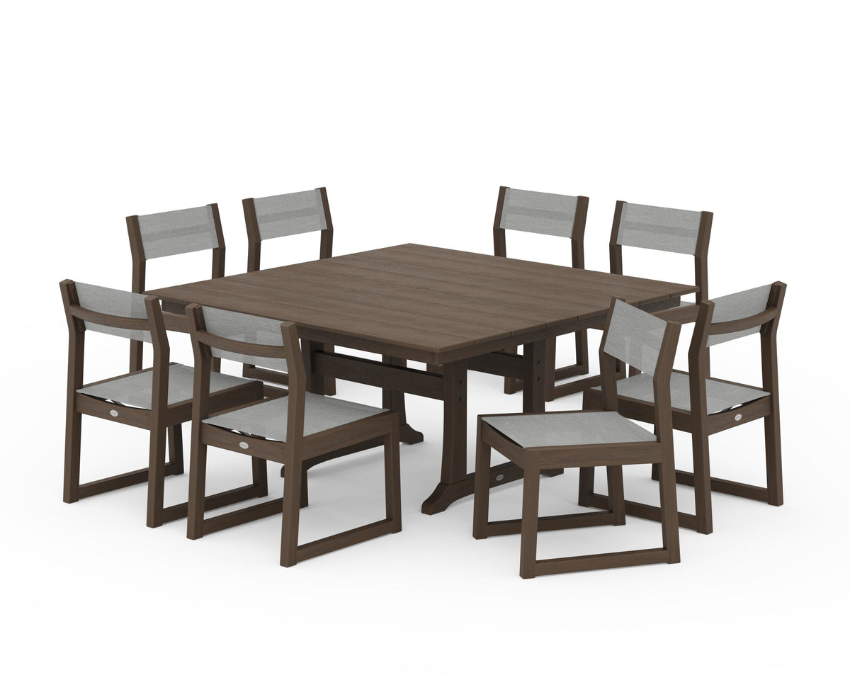 POLYWOOD EDGE Sling Side Chair 9-Piece Farmhouse Trestle Dining Set in Kona / Metallic