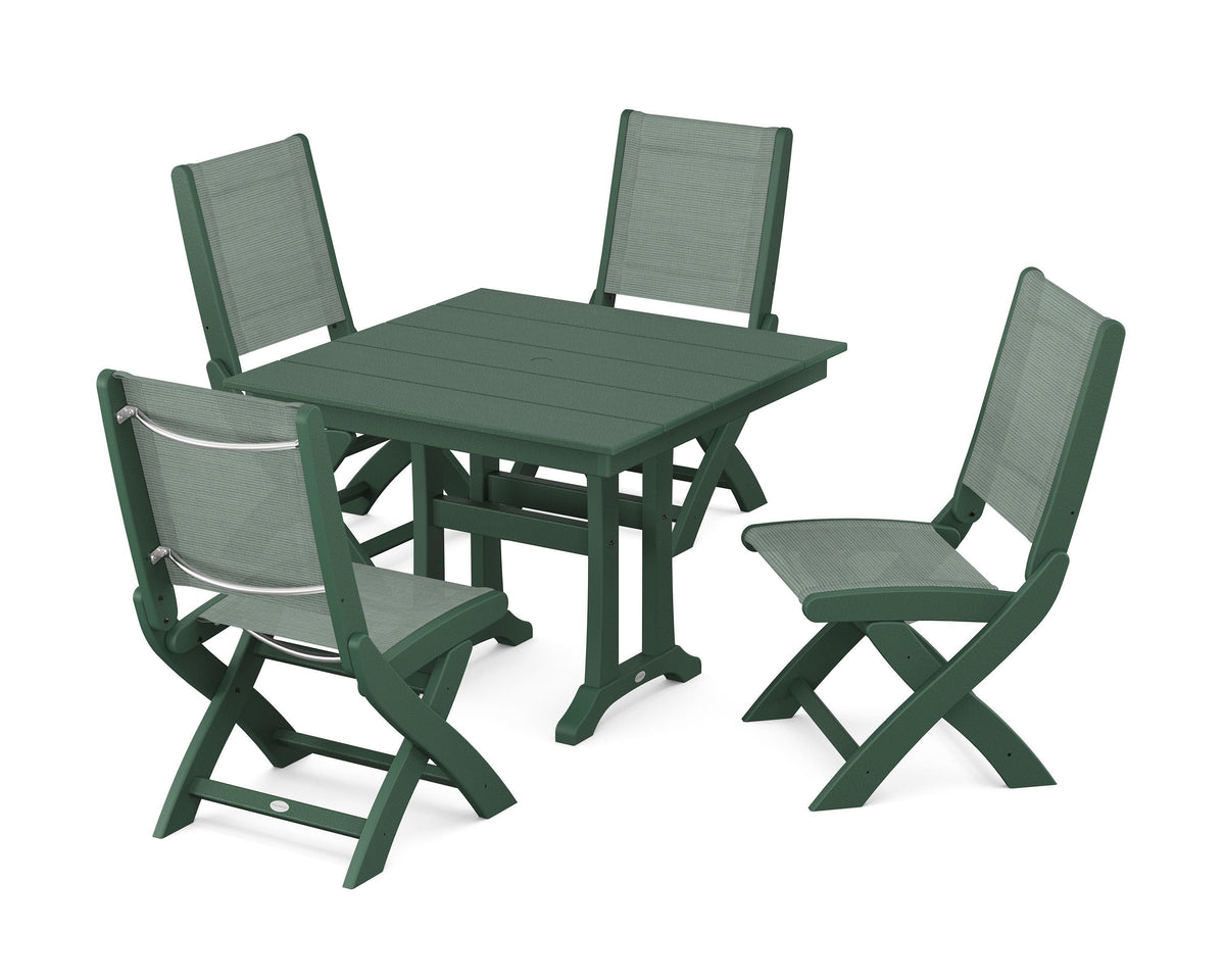 POLYWOOD Coastal Folding Side Chair 5-Piece Farmhouse Dining Set With Trestle Legs in Green / Dupioni Sea Mist