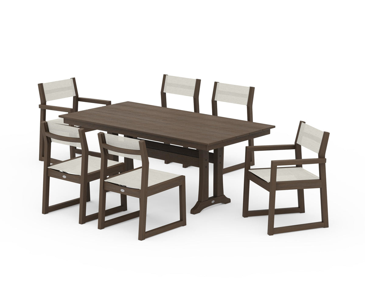 POLYWOOD EDGE Sling 7-Piece Farmhouse Trestle Dining Set in Kona / Parchment