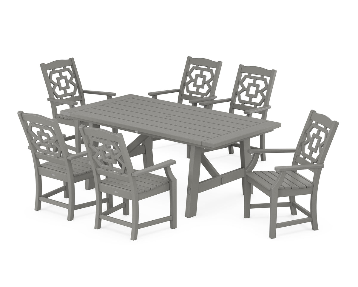 POLYWOOD Chinoiserie Arm Chair 7-Piece Rustic Farmhouse Dining Set in Slate Grey