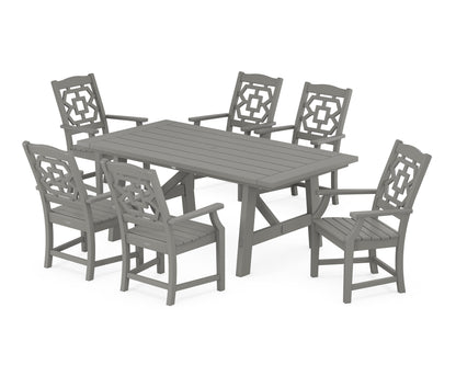 POLYWOOD Chinoiserie Arm Chair 7-Piece Rustic Farmhouse Dining Set in Slate Grey