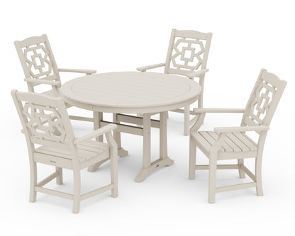 POLYWOOD Chinoiserie 5-Piece Round Dining Set with Trestle Legs in Sand