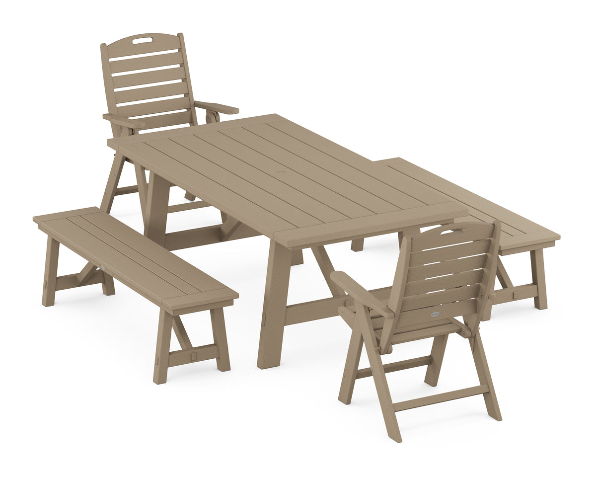 POLYWOOD Nautical Folding Highback Chair 5-Piece Rustic Farmhouse Dining Set with Benches in Vintage Sahara