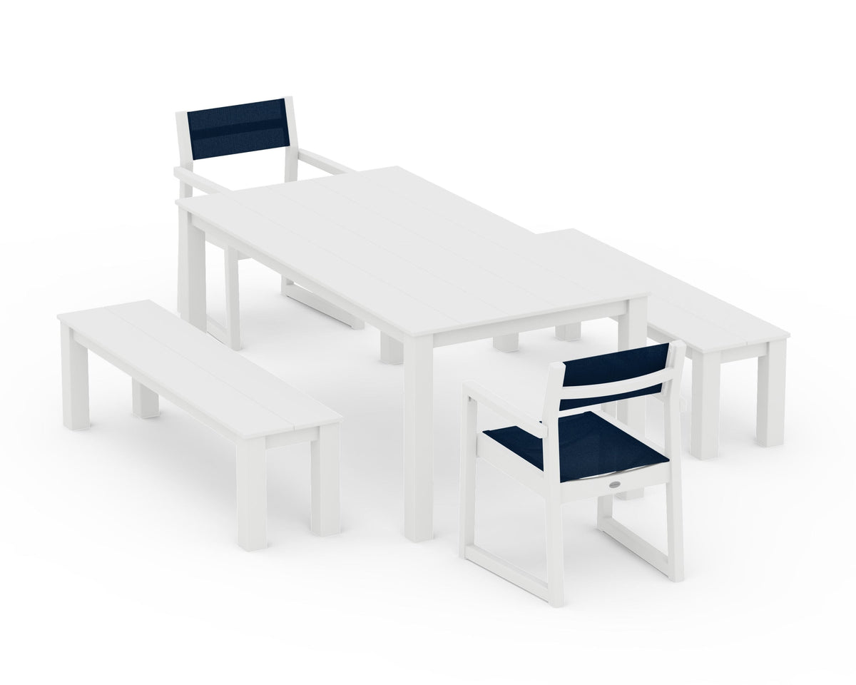 POLYWOOD EDGE Sling Arm Chair 5-Piece Parsons Dining Set with Benches in White / Navy Blue