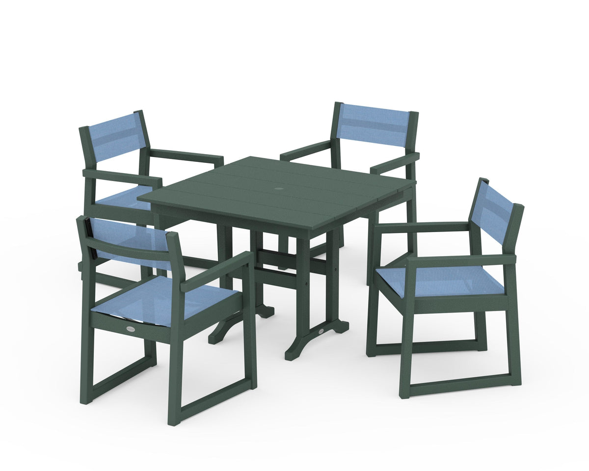 POLYWOOD EDGE Sling Arm Chair 5-Piece Farmhouse Dining Set in Green / Poolside
