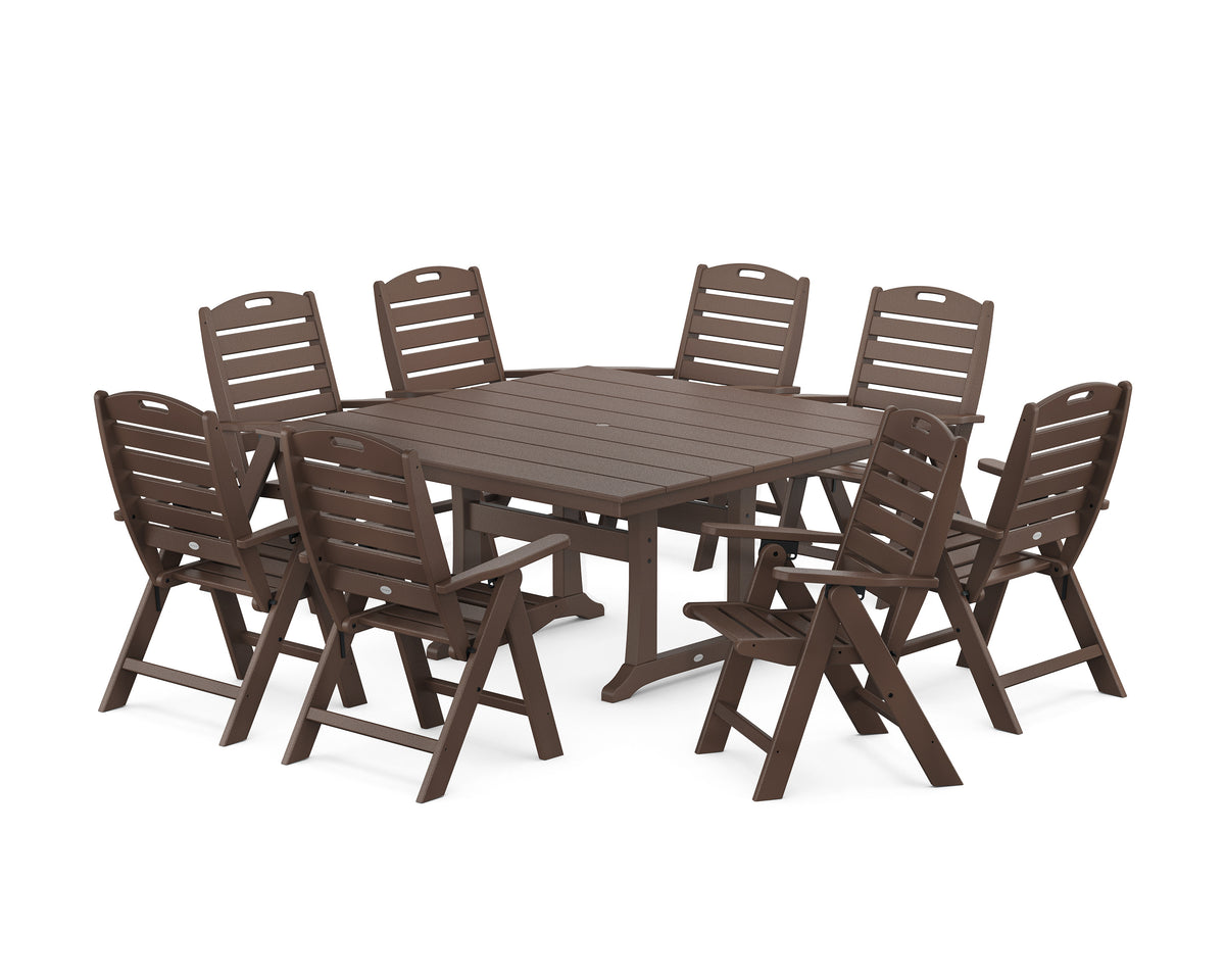 POLYWOOD Nautical Highback 9-Piece Square Farmhouse Dining Set with Trestle Legs in Mahogany