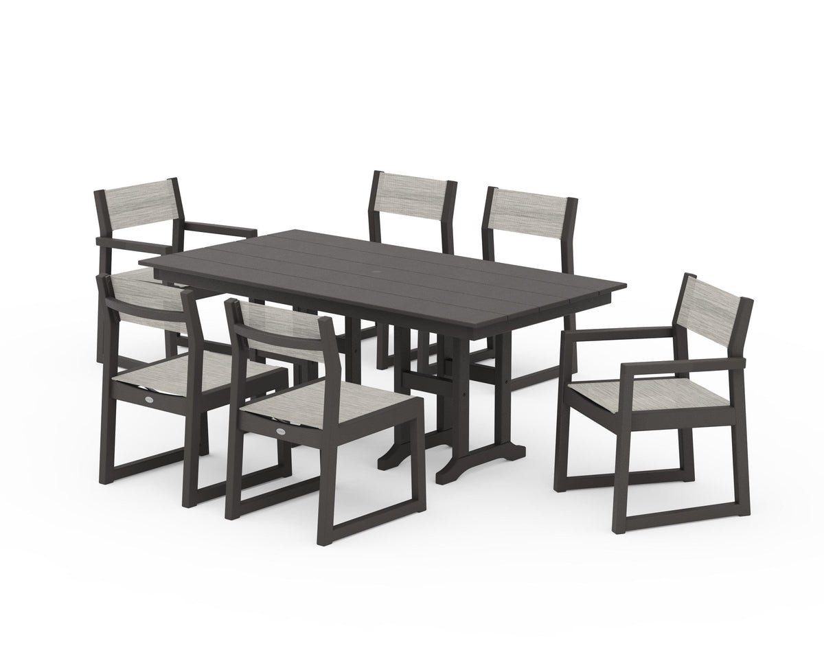 POLYWOOD EDGE Sling 7-Piece Farmhouse Dining Set in Vintage Coffee / Birch