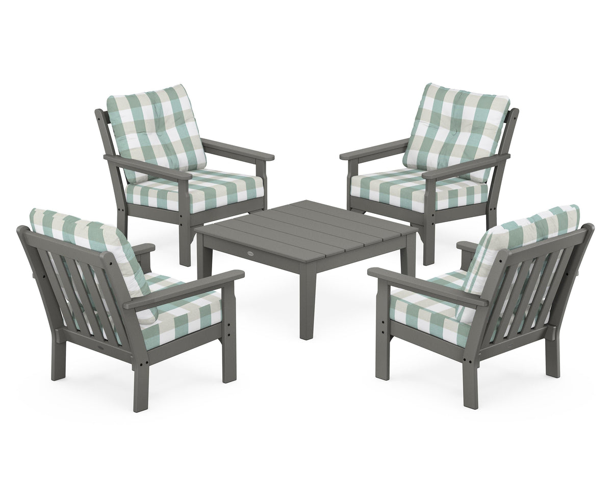 POLYWOOD Vineyard 5-Piece Deep Seating Conversation Set in Slate Grey / Buffalo Plaid Glacier Spa