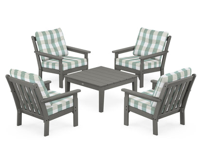 POLYWOOD Vineyard 5-Piece Deep Seating Conversation Set in Slate Grey / Buffalo Plaid Glacier Spa