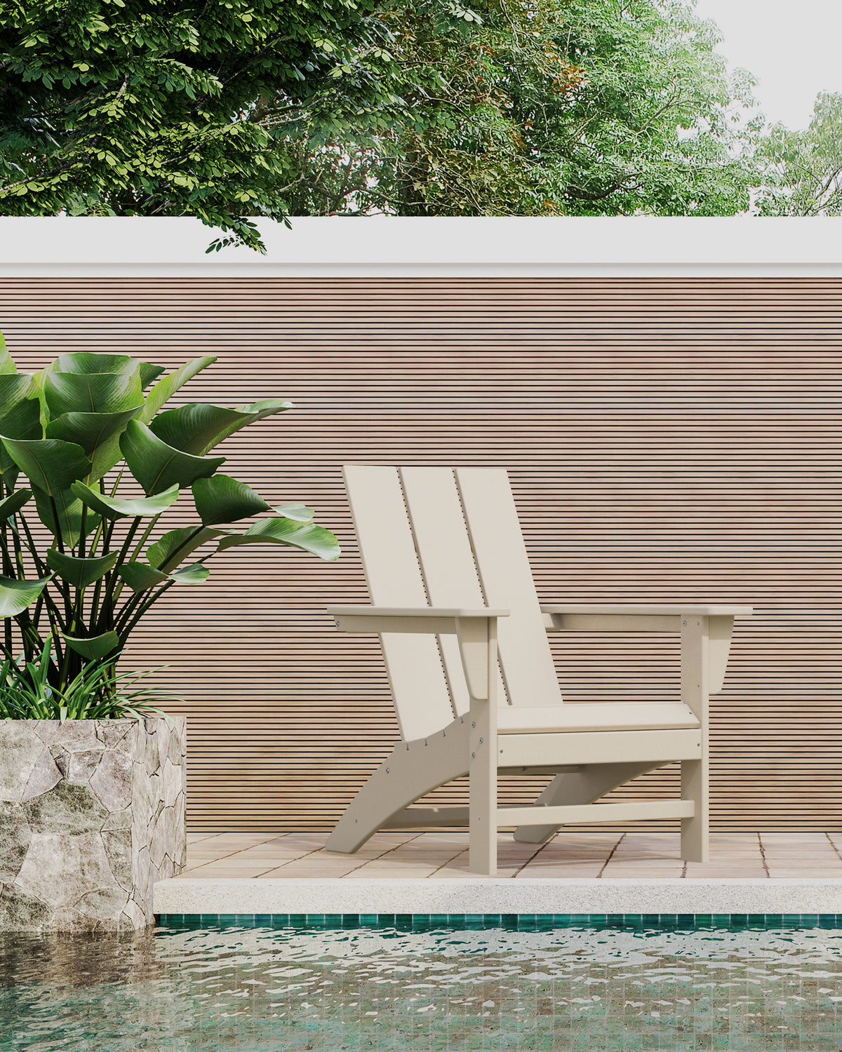 Lifestyle photo of the POLYWOOD Modern Adirondack Chair in Sand