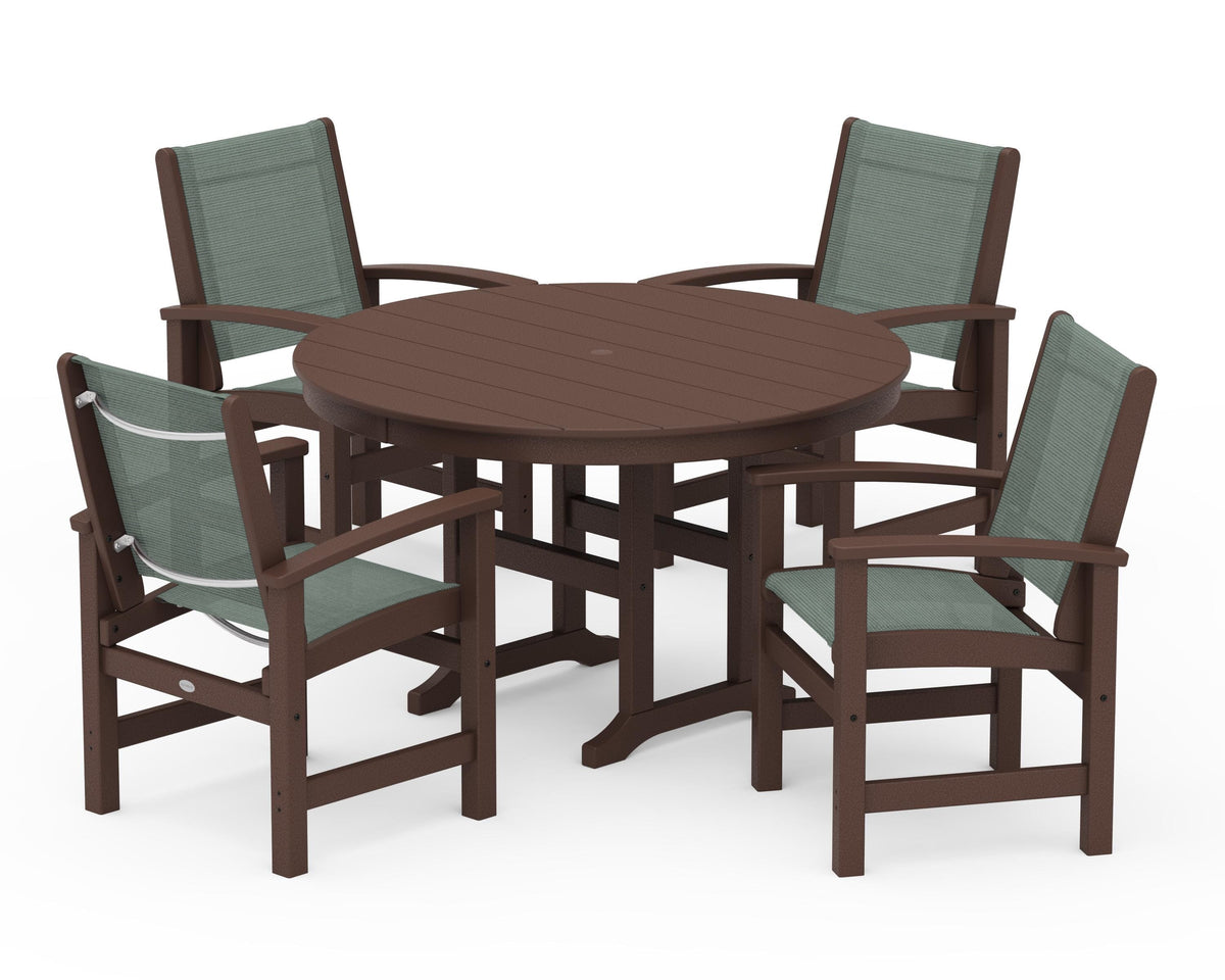 POLYWOOD Coastal 5-Piece Round Farmhouse Dining Set in Mahogany / Dupioni Sea Mist