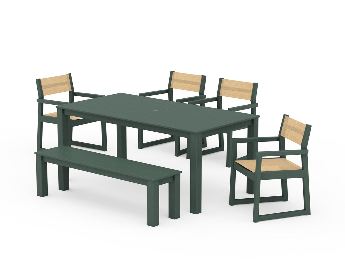 POLYWOOD EDGE Sling Arm Chair 6-Piece Parsons Dining Set with Bench in Green / Dupioni Apricot