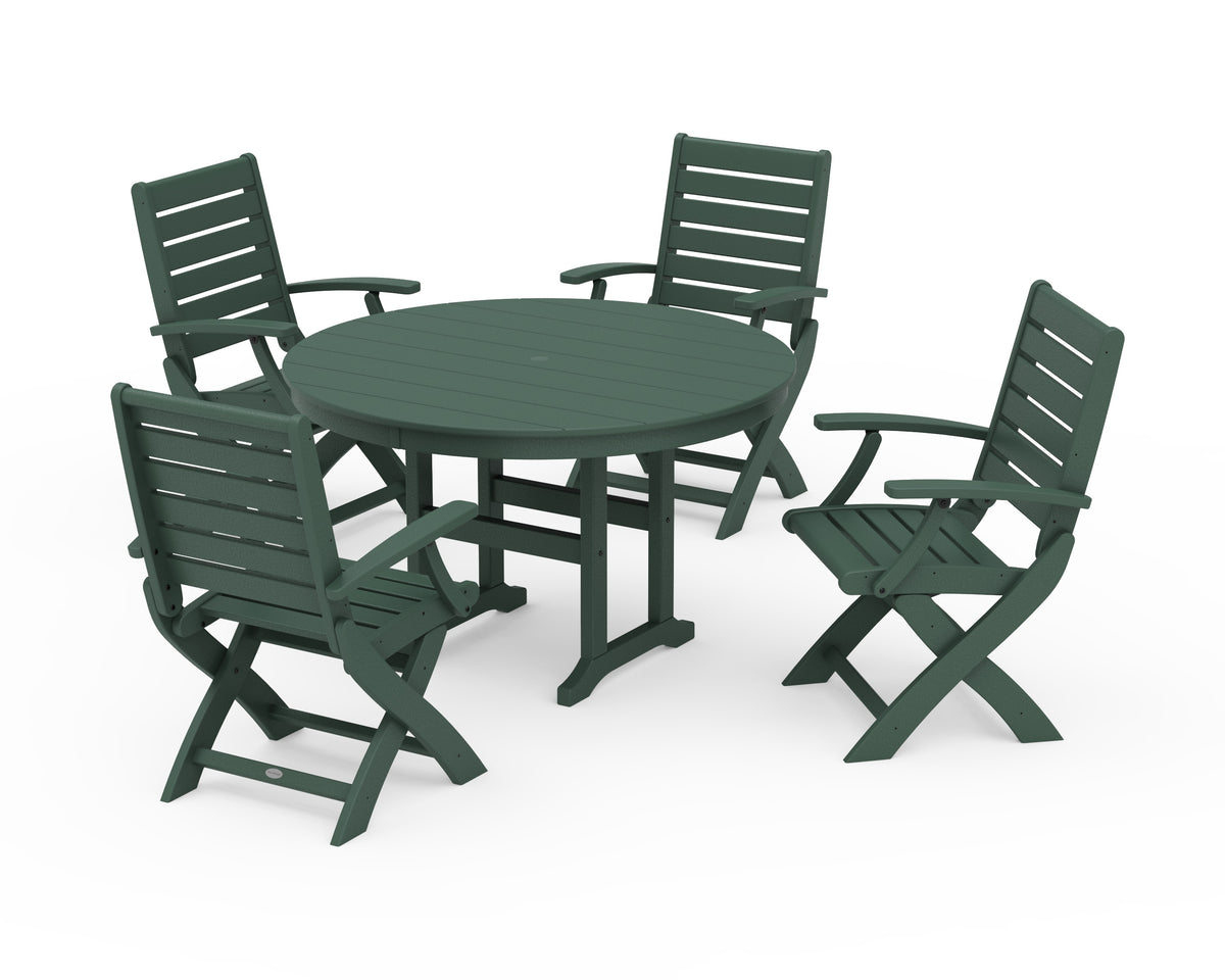 POLYWOOD Signature Folding Chair 5-Piece Round Farmhouse Dining Set in Green