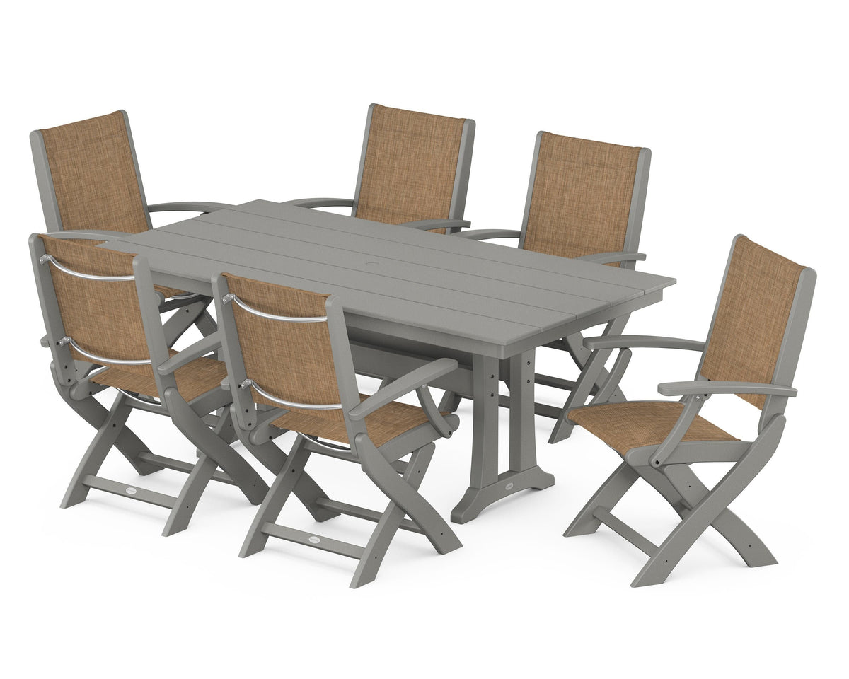 POLYWOOD Coastal Folding Arm Chair 7-Piece Farmhouse Dining Set with Trestle Legs in Slate Grey / Burlap