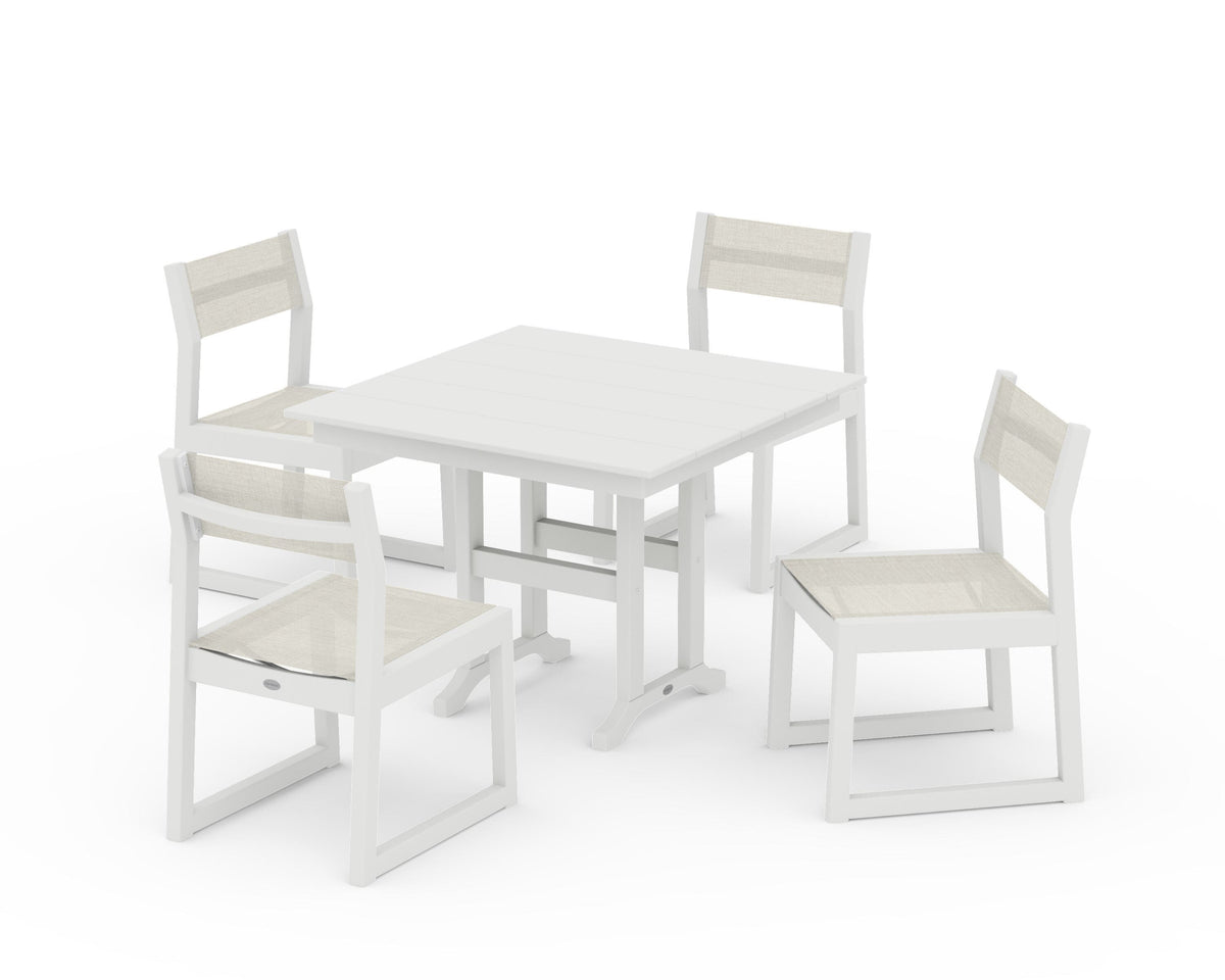 POLYWOOD EDGE Sling Side Chair 5-Piece Farmhouse Dining Set in Vintage White / Parchment