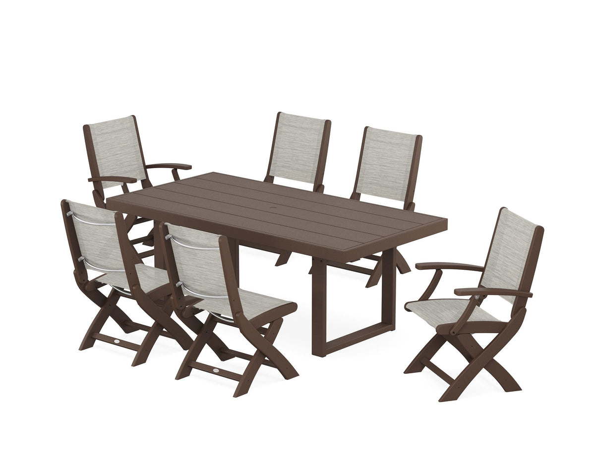 POLYWOOD Coastal Folding Chair 7-Piece Dining Set with Trestle Legs with EDGE 40" x 78" Dining Table in Mahogany / Birch