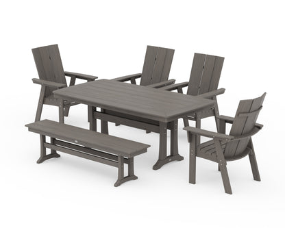 POLYWOOD Modern Curveback Adirondack 6-Piece Farmhouse Dining Set with Trestle Legs and Bench - 38" x 73" Table in Driftwood